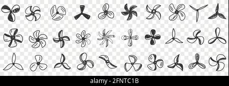 Différents ventilateurs soufflants hélices ensemble de doodle. Collection de diverses hélices de ventilateur dessinées à la main pour le soufflage de l'air et de la climatisation en rangées isolées sur fond transparent Illustration de Vecteur