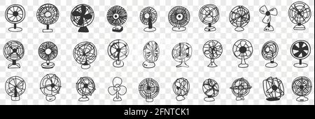 Différents ventilateurs soufflants ensemble de doodle. Collection de ventilateurs dessinés à la main pour le soufflage de l'air et de la climatisation en rangées isolées sur fond transparent Illustration de Vecteur