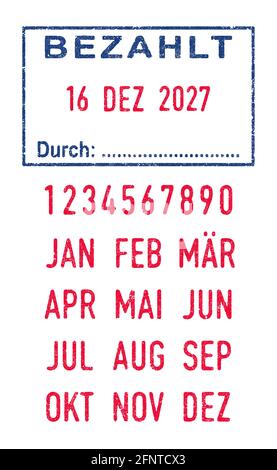 Illustration vectorielle des mots allemands bezahlt (payant) et durch (par) en tampon d'encre bleue et dates modifiables (jour, mois et année) en tampons d'encre rouge Illustration de Vecteur