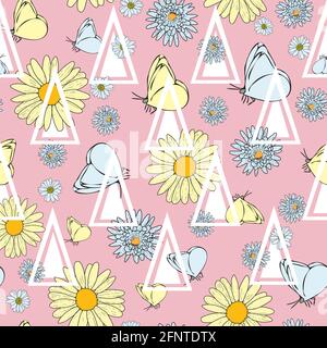Vector pastel rose fond Marguerite fleurs, fleurs sauvages et papillons, insectes. Arrière-plan sans couture Illustration de Vecteur