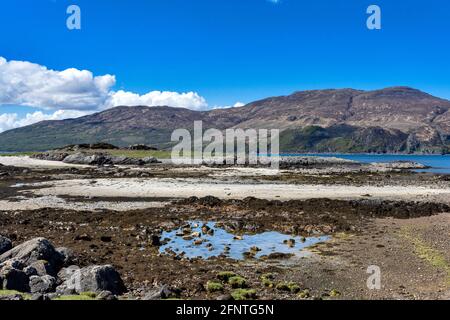 SANDAIG BAY ISLANDS AND BEACHES GLENELG SCOTLAND WHITE BEACH OF DES COLLINES ÉCRASÉES DE COQUILLAGES DE SKYE AU-DELÀ Banque D'Images