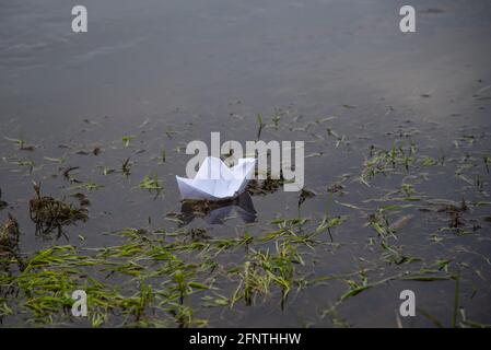 Un bateau à papier blanc flotte sur une rivière calme au milieu de l'herbe. Banque D'Images