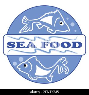 Étiquette de nourriture de mer ou panneau d'affichage avec deux dessins humoristiques de poisson. Conçu dans un cercle bleu avec l'inscription Sea Food. Vecteur EPS 10. Utile pour l'adver de restaurant Illustration de Vecteur