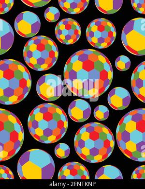 Balles de couleur gaie remplies de motifs hexagonaux sur un fond noir contrasté. Arrière-plan vectoriel transparent. Illustration de Vecteur