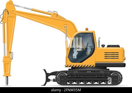 Pelle hydraulique avec marteau hydraulique, vue latérale isolée sur fond blanc. Maquette vectorielle pour la construction et l'équipement routier, montage et retouche faciles Illustration de Vecteur