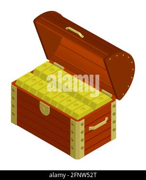 coffre en bois ouvert rempli de trésors de pirates. Lingots d'or sur la poitrine. Succès dans la recherche de richesse sur les navires en contrebas. Vecteur 3D isométrique Illustration de Vecteur