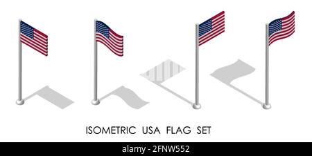 Drapeau isométrique des États-Unis d'Amérique en position statique et en mouvement sur le mât. vecteur 3d Illustration de Vecteur