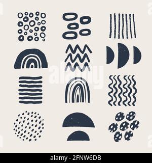 Ensemble d'œuvres d'art abstrait. Différentes formes et éléments organiques modernes dans un style vintage avec texture grunge. Collection de vecteurs d'art abstrait dessinés à la main. Illustration de Vecteur