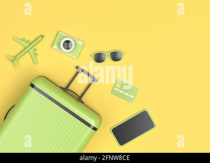 Plat poser une valise verte avec des lunettes de soleil, un appareil photo, un smartphone, une carte de crédit et un petit avion sur fond jaune. Concept de voyage. rendu 3d. Banque D'Images