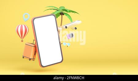 Smartphone rose avec objets de voyage : avion, ballon d'air, lunettes de soleil, appareil photo et sac sur fond jaune. rendu 3d Banque D'Images