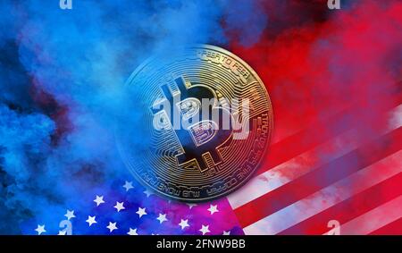 le bitcoin doré est dans un fond de fumée rouge et bleu. concept de crypto-monnaie Banque D'Images