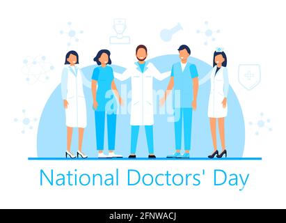 Vecteur de concept de la Journée nationale des médecins. L'événement médical et de santé est célébré le 1er juillet. Les front-liners heureux, les médecins, les infirmières travaillent dans la clinique, l'hôpital Illustration de Vecteur