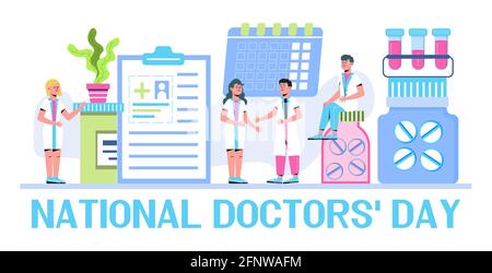 Vecteur de concept de la Journée nationale des médecins. L'événement médical et de santé est célébré le 1er juillet. Les front-liners heureux, les médecins, les infirmières travaillent dans la clinique, l'hôpital Illustration de Vecteur