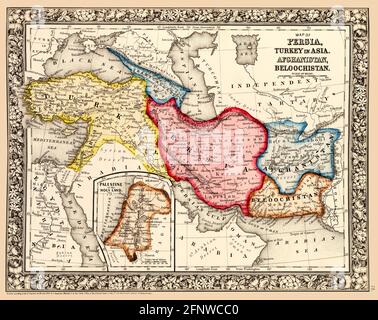 Titre original: Carte de Perse, Turquie en Asie, Afghanistan, Beloochistan ; Palestine, Ou la Terre Sainte [encart]. La carte montre les frontières politiques et les points de repère importants. Il s'agit d'une magnifique reproduction historique et améliorée d'une carte de 1863. Il est encadré par une bordure florale. Insérer la carte montre la « Terre Sainte ». Banque D'Images