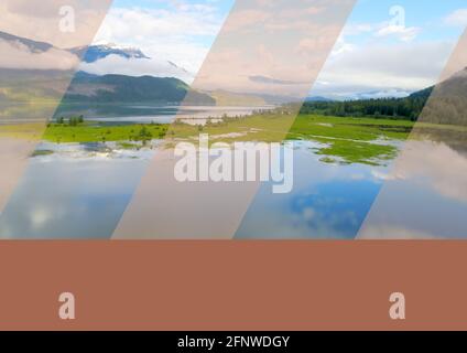 Composition de bandes roses transparentes et bannière rouge avec copie espace sur paysage Banque D'Images