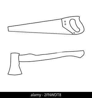 Ensemble d'outils de jardinage de hache et de scie contour simple minimaliste illustration vectorielle plate isolée sur fond blanc Illustration de Vecteur