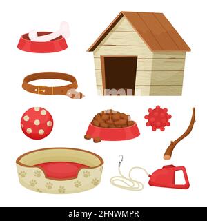 Ensemble d'accessoires pour chiens avec chenil, jouets, collier différents personnel pour le soin des animaux isolés sur fond blanc dans le style de dessin animé. Collection d'équipement Illustration de Vecteur