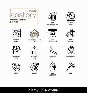 Service des incendies - ensemble d'icônes de style de conception de ligne. Services d'urgence, types d'allumage, équipement de lutte contre les incendies. Images noires du plan de sécurité, transport Illustration de Vecteur