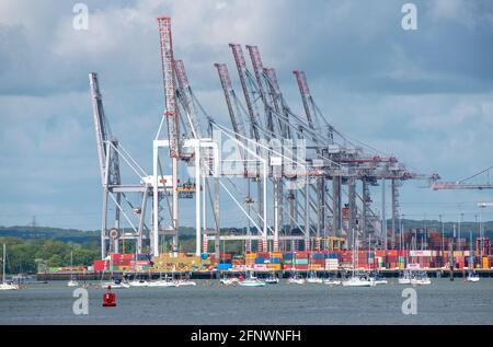 Southampton, Angleterre, Royaume-Uni. 2021. Terminal de navires à conteneurs DP World à Southampton Docks, Royaume-Uni. Des grues bordent le terminal en eau profonde. Banque D'Images