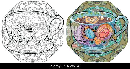 Tasse de café ou de thé Vector avec mandala. Illustration dessinée à la main pour colorer la décoration des t-shirts. Jeu de couleurs et de contours Illustration de Vecteur