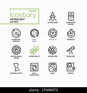 Concept d'astrologie - jeu d'icônes de style de conception de ligne. Horoscope idée en ligne. Images noires d'un astrologue, position planétaire, carte natale, éléme de prévision Illustration de Vecteur