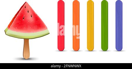 Jeu de bâtonnets de popsicle réalistes. Morceau de pastèque sur bâton de popsicle. Illustration vectorielle, saison d'été. Illustration de Vecteur