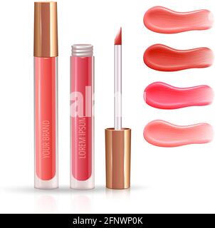 Kit de maquillage pour les lèvres avec des taches de crème réalistes de différentes couleurs, et rouge à lèvres liquide, fermé et ouvert. Illustration de Vecteur