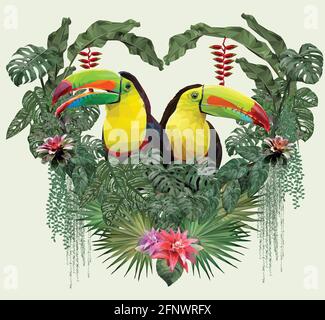 Illustration polygonale Toucan oiseau et Amazonie Forrest plantes dans l'amour concept. Illustration de Vecteur