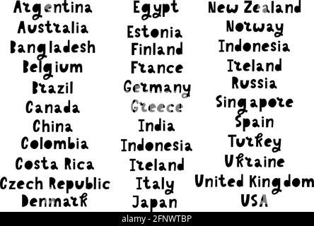 Les noms des pays du monde. Pays européens. Lettrage à la main. Illustration de Vecteur