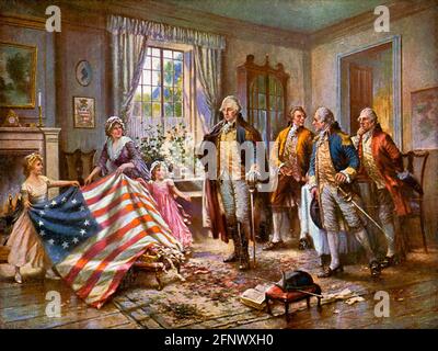 Drapeau de Betsy Ross. La naissance de l'ancienne gloire par Pery Moran, 1917. George Washington et d'autres officiers regardent comme Betsy Ross montre son drapeau. Banque D'Images