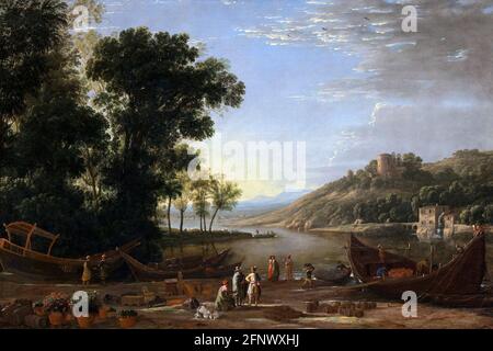 Claude Lorrain. Paysage avec marchands par le peintre baroque français Claude Lorrain (n. Claude Gellée, c. 1600 -1682), huile sur toile, c. 1629 Banque D'Images