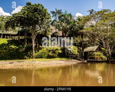 Amazonia, Brésil - Mai 2016:, UNE petite station sur la rive de la rivière, avec des maisons en bois, un paradis sur terre pour un moment de repos dans l'Am tropical Banque D'Images