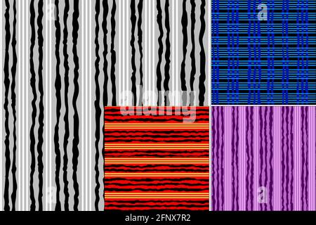 Contraste entre les lignes irrégulières et droites. Un motif - quatre options : 1,2 lignes verticales; 3.lignes horizontales; 4. L'entrelacement. Motifs sans couture. Illustration de Vecteur