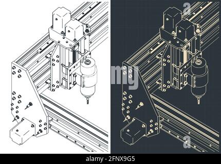 Illustrations vectorielles stylisées de machines CNC automatisées pour la sculpture 3D mises en plan isométriques Illustration de Vecteur