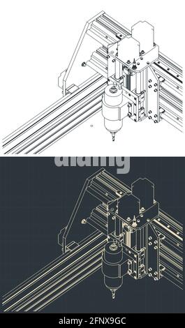 Illustrations vectorielles stylisées de machines CNC automatisées pour la sculpture 3D mises en plan isométriques Illustration de Vecteur