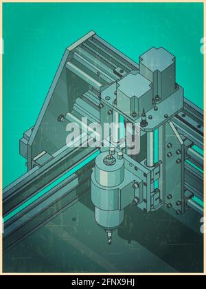 Illustration vectorielle stylisée d'une machine CNC automatisée pour la sculpture 3D style poster rétro Illustration de Vecteur