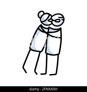 Figure de bâton dessinée de la femme âgée embrassant l'homme âgé. Les personnes âgées embrassent ensemble prennent en charge les croquis vectoriels illustrés. Illustration de Vecteur