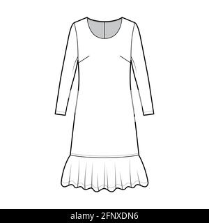 Robe taille tombant technique mode illustration avec manches longues, corps surdimensionné, jupe longueur genou, col rond. Vêtements plats sur le devant, coloris blanc. Femmes, hommes unisex CAD maquette Illustration de Vecteur