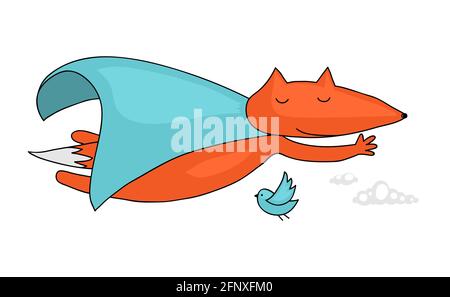 Illustration mignonne et amusante d'un renard super-héros portant un cape et voler à travers les nuages Banque D'Images