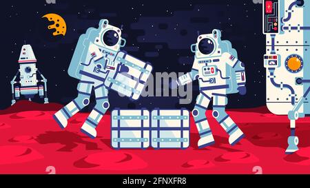 Les astronautes de la surface de Mars déchargent des cargaisons. Illustration de Vecteur