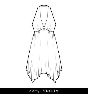 Robe mouchoir ourlet chemise illustration technique de la mode avec sans manches, Empire couture dos-nu encolure, jupe circulaire. Vêtements plats sur le devant, coloris blanc. Femmes, hommes unisex CAD maquette Illustration de Vecteur