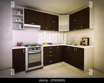 illustration 3d du concept moderne de cuisine dans un style traditionnel. Décoration intérieure de la cuisine dans des couleurs claires. Banque D'Images