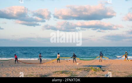 Pêcheurs sur la plage qui tendent à leurs filets de pêche juste avant le coucher du soleil, Mullaitivu, province du Nord, Sri Lanka Banque D'Images