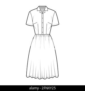 Robe maison chemise technique mode illustration avec manches courtes, longueur genou jupe complète, col boutonné classique. Vêtements plats sur le devant, coloris blanc. Femmes, hommes unisex CAD maquette Illustration de Vecteur