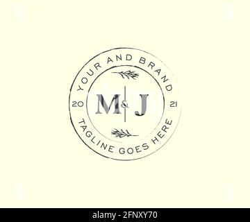 Lettres MJ cadres floraux. Décoration unique en monoline préfaite, modifiable et féminine, pour une carte de vœux, une invitation à un mariage. Illustration de Vecteur