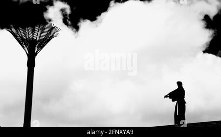 Silhouette d'un samouraï dans un cadre urbain avec un katana dans un fourreau blanc. Banque D'Images