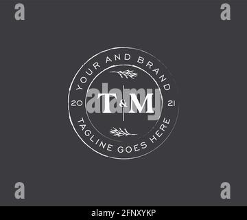 Lettres TM cadres floraux. Décoration unique en monoline préfaite, modifiable et féminine, pour une carte de vœux, une invitation à un mariage. Illustration de Vecteur