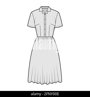 Robe maison chemise technique mode illustration avec manches courtes, longueur genou jupe complète, col boutonné classique. Vêtements plats sur le devant, style gris. Femmes, hommes unisex CAD maquette Illustration de Vecteur