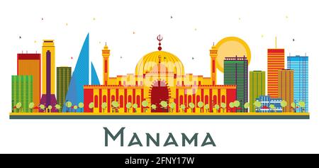 Manama Bahrain City Skyline avec des bâtiments de couleur isolés sur blanc. Illustration vectorielle. Voyages d'affaires et tourisme. Illustration de Vecteur