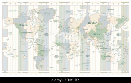 Carte des fuseaux horaires du monde. Carte détaillée du monde avec noms de pays. Illustration vectorielle. Illustration de Vecteur